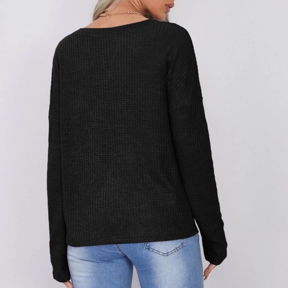 V neck waffle knit long sleeve tee shirt brown - Picture 4 of 14